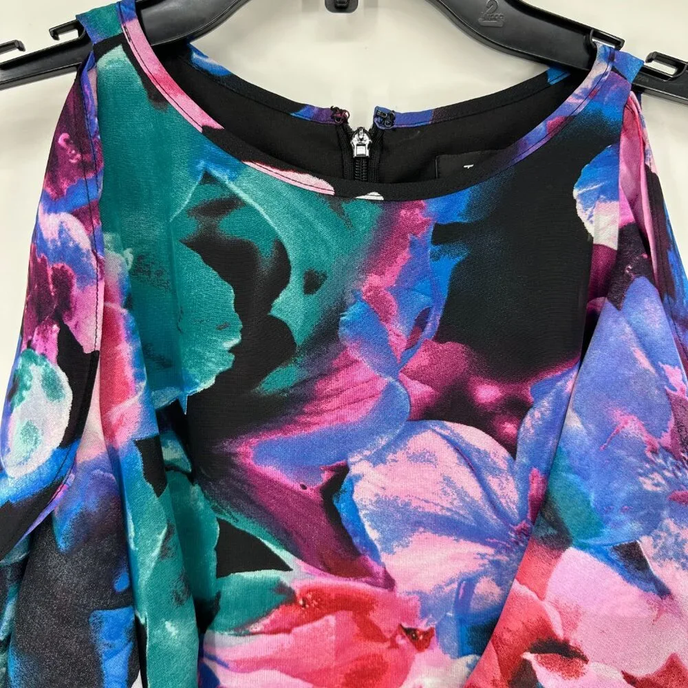 Tahari Abstract‎ Floral Cocktail Dress 4 RuffleTrim Sleeveless Swing Black Pink